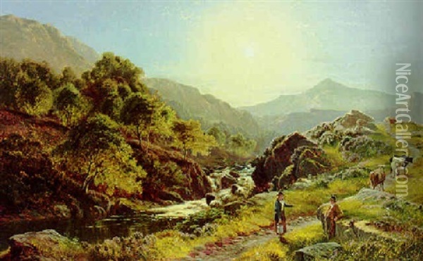 A Mountainous River Landscape With A Milkmaid And Drover Oil Painting - Sidney Richard Percy