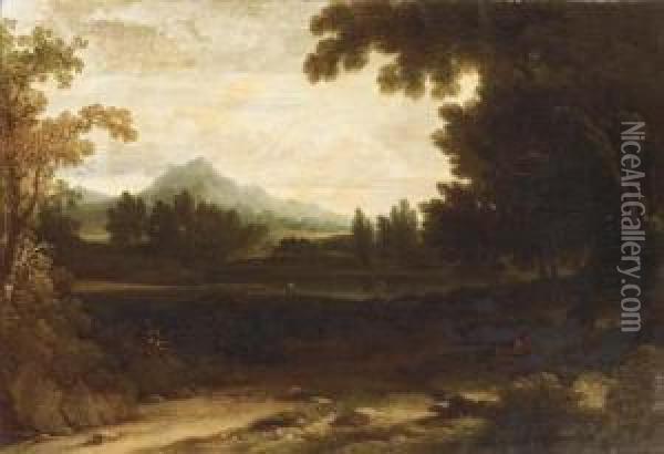 An Extensive Mountainous Landscape With A Figure Resting By Atree Oil Painting - Joshua Shaw