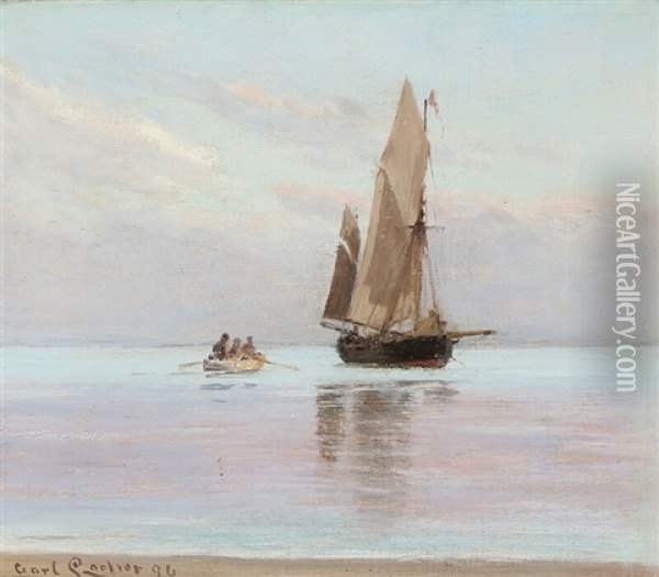 A Rowboat With Passengeres Sailing Away From A Ship Oil Painting - Carl Ludvig Thilson Locher
