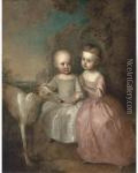 Double Portrait Of A Boy And A Girl In A Landscape Oil Painting - Philippe Mercier