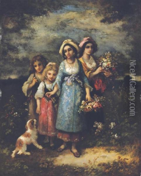 La Cueillette Des Fleurs: Picking Flowers Oil Painting - Narcisse-Virgile D Az De La Pena