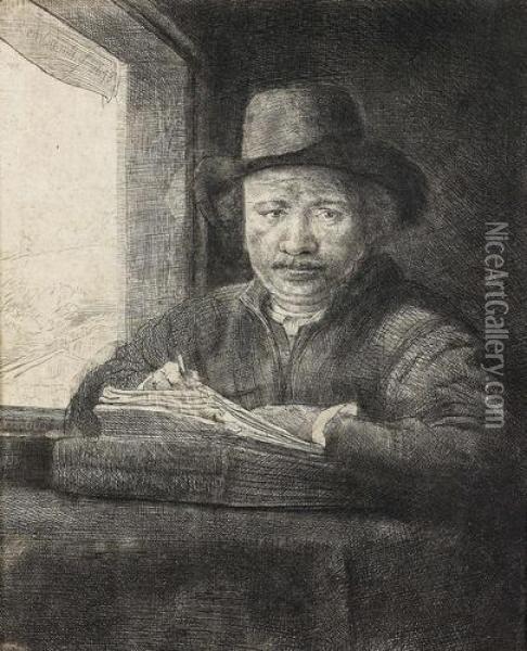 Selbstbildnis, Am Fenster Zeichnend. Oil Painting - Rembrandt Van Rijn