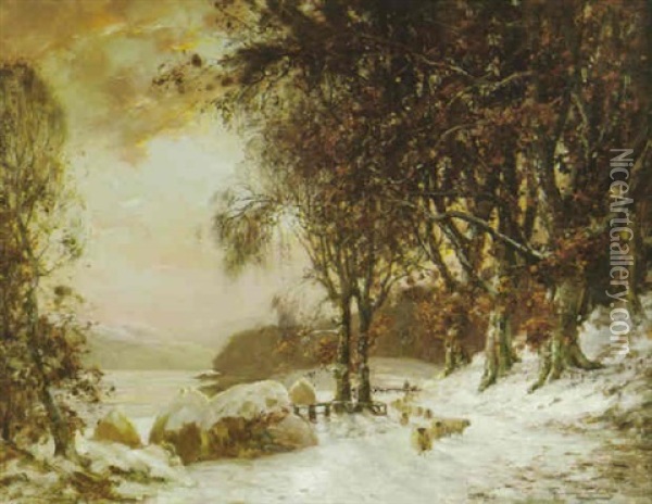 A Winter Landscape At Sunset, Strathway Oil Painting - J.A. Henderson Tarbet