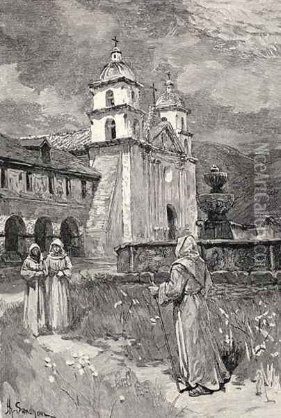 Fountain and mission, Santa Barbara, California, from the book The Century Illustrated Monthly Magazine, May to October, 1883 Oil Painting - Henry Sandham