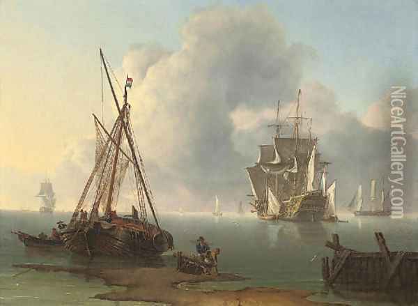 A Dutch warship revictualling in a calm off the coast of the Netherlands Oil Painting - Charles Martin Powell