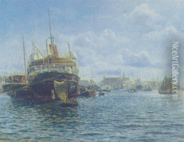 Havneparti Med Dampskib Og Talrige Bade Oil Painting - Holger Luebbers