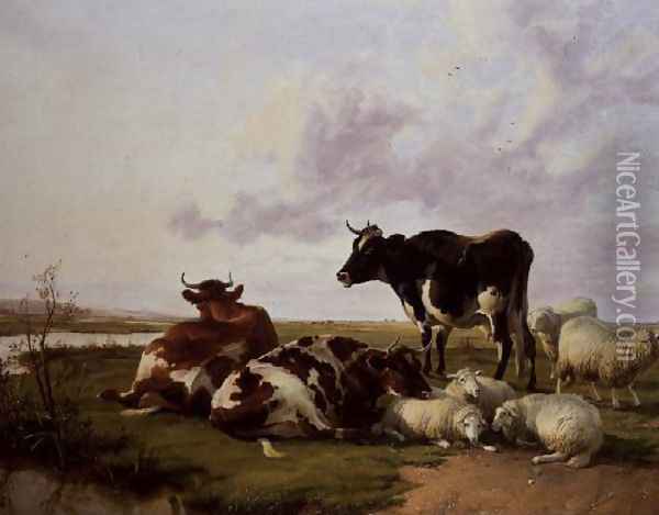 Cattle and Sheep Grazing Oil Painting - Thomas Sidney Cooper