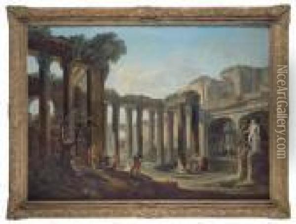 Ruines Romaines Animees De Personnages Oil Painting - Giovanni Niccolo Servandoni