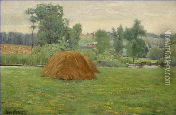 Haystacks In A River Landscape Oil Painting - John Franklin Stacey