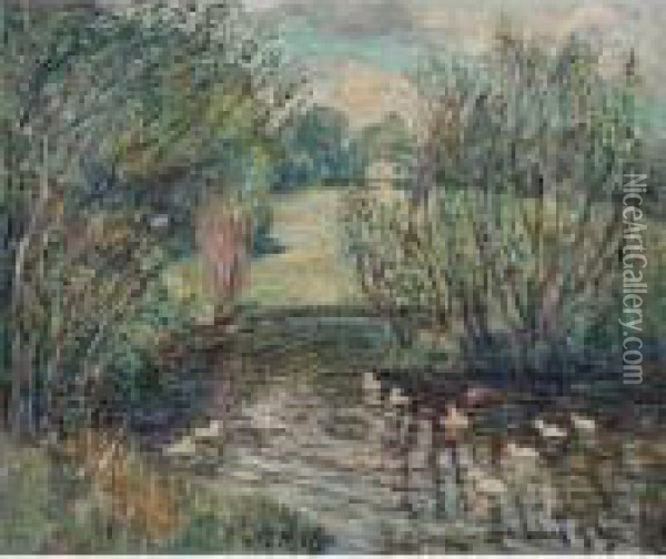 The Duck Pond Oil Painting - Ernest Lawson