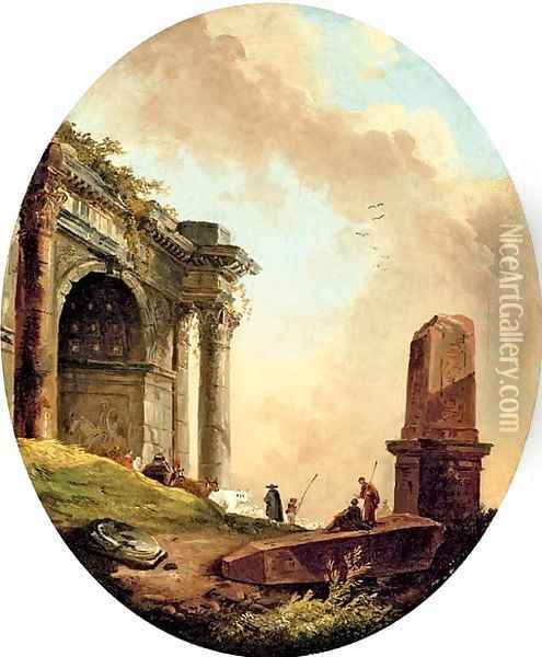 Drovers and their livestock before a ruined arch and obelisk Oil Painting - Hubert Robert