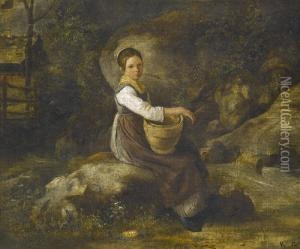 Sitzendes Madchen Mit Korb Bei Felsen. Oil Painting - Karl Girardet