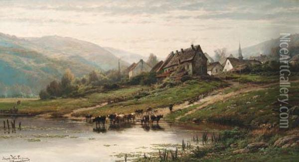 A Village In The Ardennes In Summer With Cattle Fording A Stream Inthe Foreground Oil Painting - Gerard Jozef Adrian Van Luppen