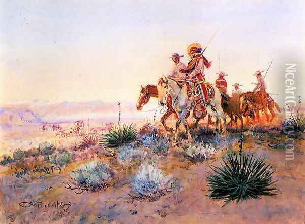 Mexican Buffalo Hunters Oil Painting - Charles Marion Russell