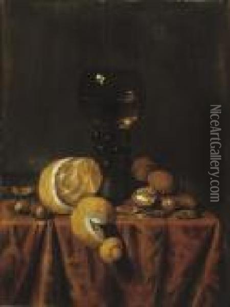 A 'roemer' Of White Wine, A 
Partially Peeled Lemon, Walnuts And Hazelnuts, All On A Draped Table Oil Painting - Edwart Collier