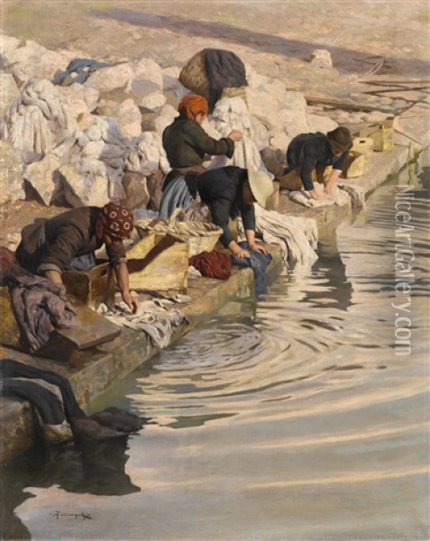 Wascherinnen In Pallanza, Lago Maggiore Oil Painting - Arnaldo Ferraguti
