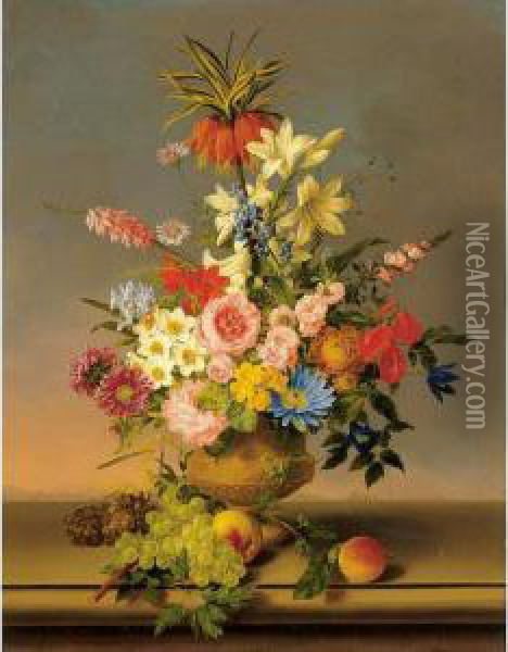 Still Life Of Various Flowers In
 A Vase With Bunches Of Grapes And Peaches, All Resting On A Ledge With A
 Landscape Beyond Oil Painting - Leopold Stoll