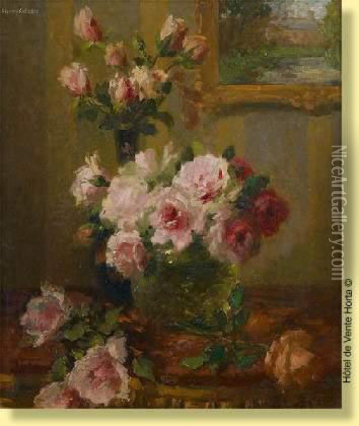 Composition Aux Roses Sur Fond De Tableau Oil Painting - Henri Kokken