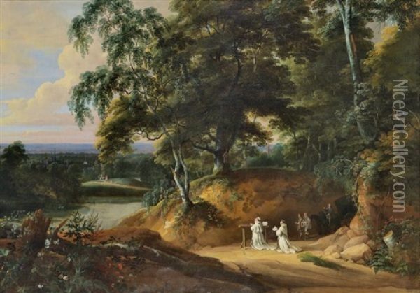 Moines Chartreux En Priere Devant Un Reposoir Et Voyageurs Dans Un Vaste Paysage Oil Painting - Jacques d' Arthois