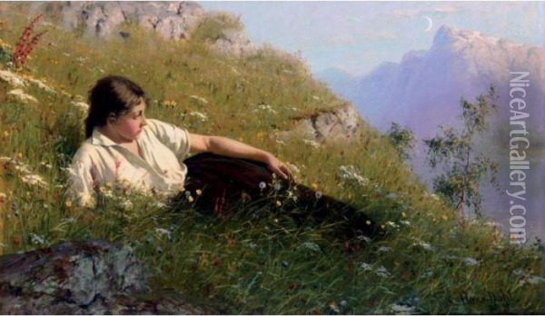 Huile Ved Fjorden (resting Beside The Fjord) Oil Painting - Hans Dahl