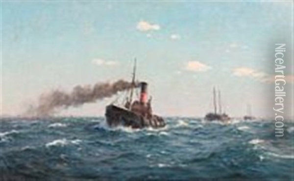 Steamtug With Two Barges In Oresund Oil Painting - Christian Benjamin Olsen