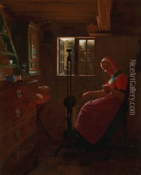 Peasant Interior With A Young Woman At The Spinning Wheel, Zealand Oil Painting - Johann Julius Exner