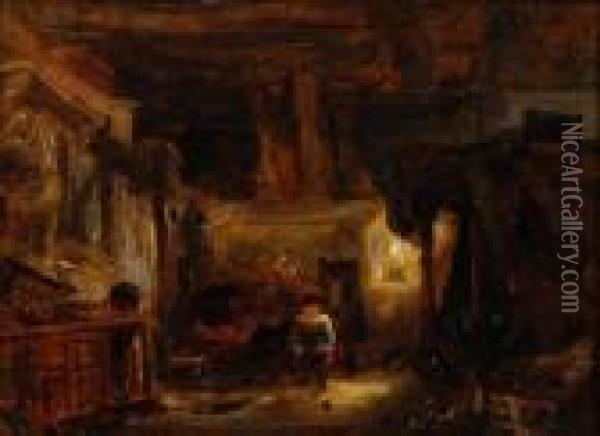 Cottage Interior With Woman And Child Oil Painting - William James Muller