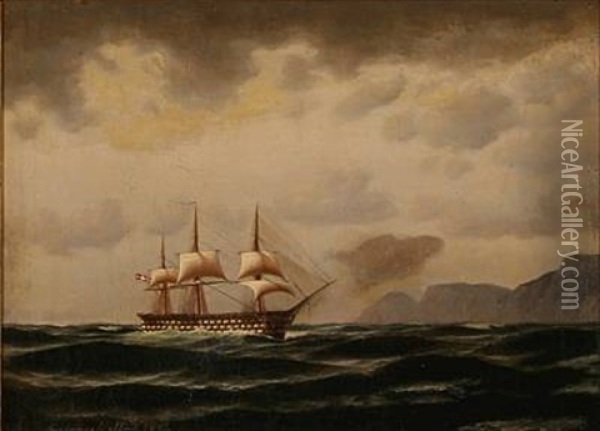 Seascape With A Danish Warship Passing A Rocky Coast Oil Painting - Daniel Hermann Anton Melbye