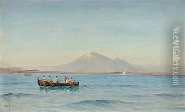 Summer Day At The Gulf Of Naples With Fishermen In A Boat In The Background Vesuvius Oil Painting - Holger Luebbers