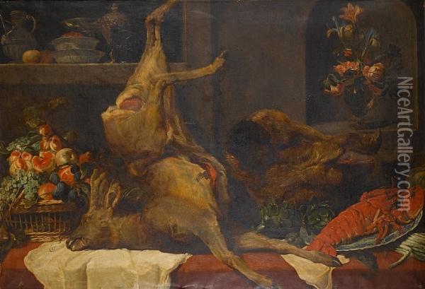 A Deer, A Boar's Head, A Basket Of Grapes,peaches And Plums On A Table-top, A Vase Of Roses In A Nichebeyond; A Silver Jug, With A Silver Tazza And A Porcelain Dish Ofstrawberries On A Shelf Above Oil Painting - Eduard Gerdes