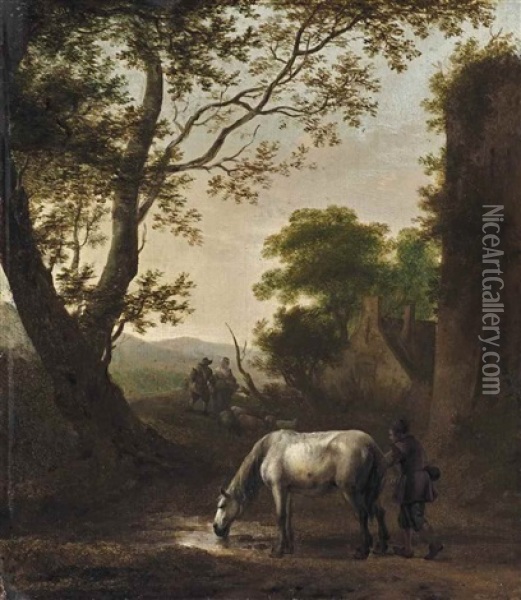 A Wooded Landscape With A Horse And A Man In The Foreground, With Shepherds And Their Flock On A Path Near A Farmhouse Beyond Oil Painting - Jan Wouwerman
