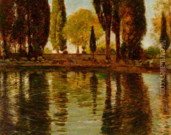Blick Uber Einen Teich In Parklandschaft Oil Painting - Heinrich Hermanns