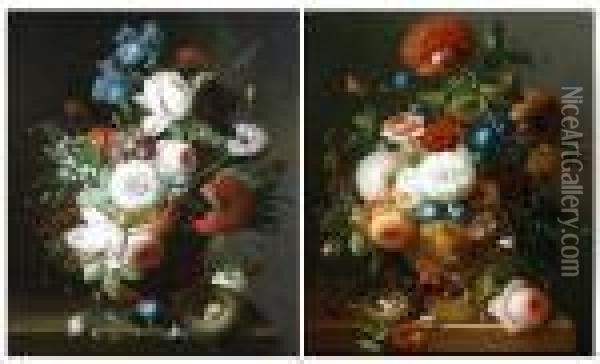 Flowerpiece, And Another Similar, Apair Oil Painting - Thomas Webster
