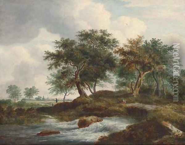 Figures resting by a river in a Dutch landscape Oil Painting - Ramsay Richard Reinagle