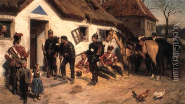 Soldiers Searching A Country Cottage With Peasants Standing By Oil Painting - Emil Hunten