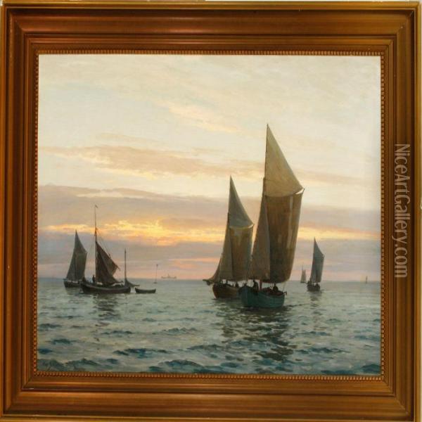 A Marine With Sailing Ships In The Evening Sun Oil Painting - Christian Benjamin Olsen