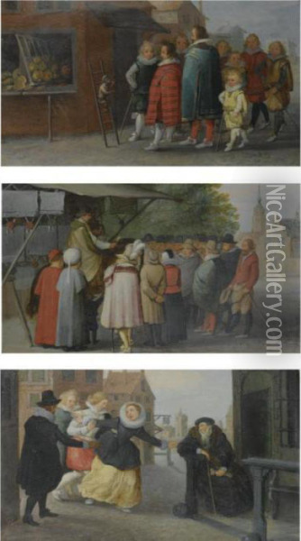 A Crowd Watching An Entertaining Monkey;
 A Salesman Addressing A Crowd;
 A Woman Escaping The Clutch Of Three Men As A Seated Gentleman Looks On Oil Painting - Sebastien Vrancx