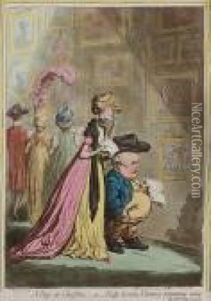 A Peep At Christies-or-tally-ho, & His Nimeney-pimmeney Taking The Morning Lounge Oil Painting - James Gillray