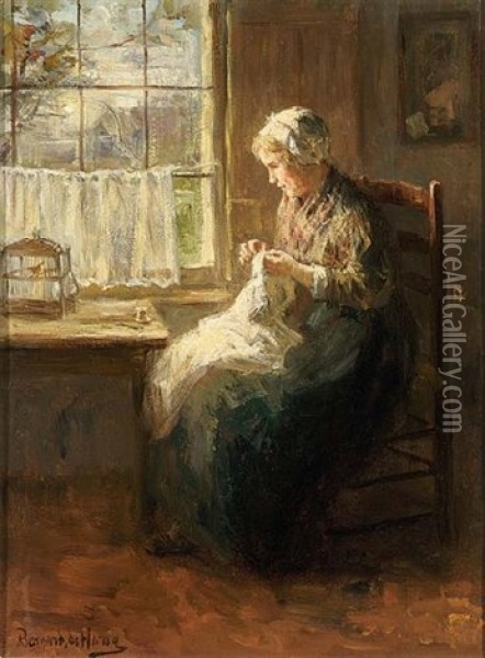 A Young Woman Sewing Oil Painting - Bernard de Hoog