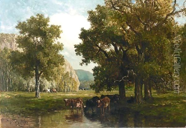Watering Cows In The Ardennes Oil Painting - Willem Roelofs