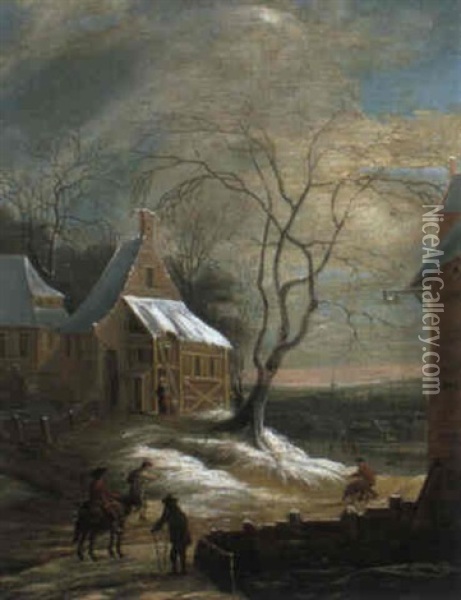 Winterlandschaft Mit Blick Auf Ein Dorf Und Einen Reiter Oil Painting - Daniel van Heil
