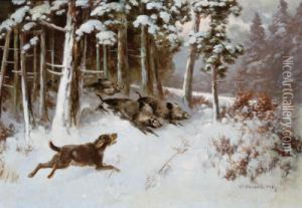 Ein Hund Eine Rotte Sauen Im Winterwald Verbellend Oil Painting - Otto Scheuerer