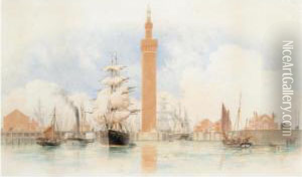 Shipping Off Grimsby, The Dock Tower Beyond Oil Painting - William Frederick Settle