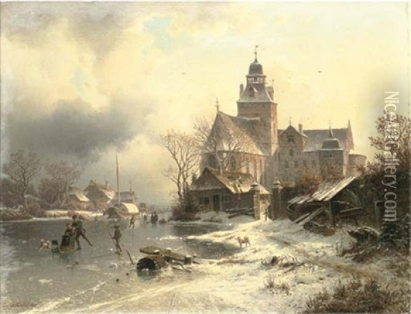 Skaters In A Frozen Winter Landscape Oil Painting - Johannes Bartholomaeus Duntze