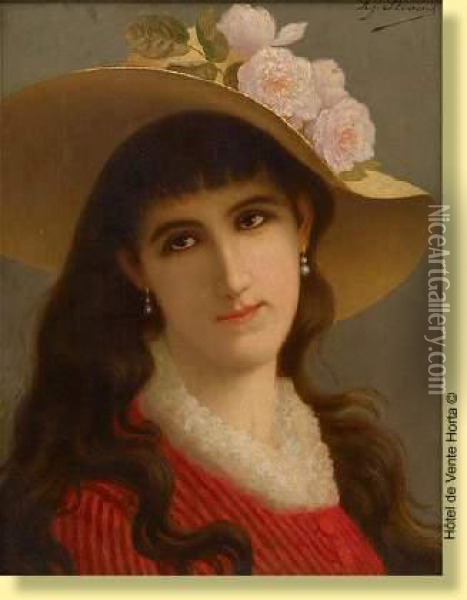 Jeune Femme Au Chapeau Fleuri Oil Painting - Agapit Stevens