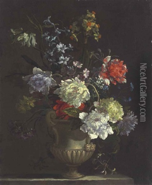 A Morning Glory, Chrysanthemums, Carnations And Other Flowers In An Antique Vase Oil Painting - Nicolas Baudesson