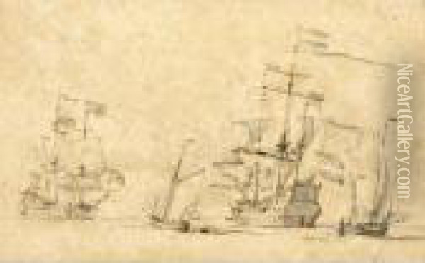 Two Galleons And Smaller Boats At Sea, Before The Battle Of Lowestoft Oil Painting - Willem van de, the Elder Velde