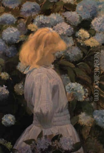 Petite Fille Aux Hortensias Oil Painting - Jacques-Emile Blanche