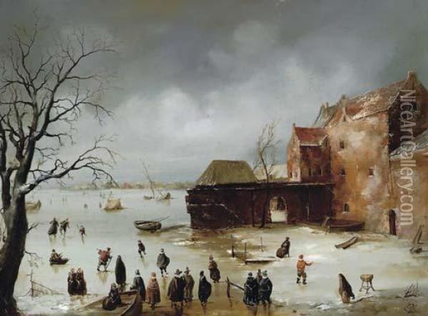 Figures On A Frozen Lake Oil Painting - Charles Henri Leickert