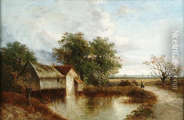 A Figure By A Small Pool With A Cottage Beyond Oil Painting - Joseph Thors